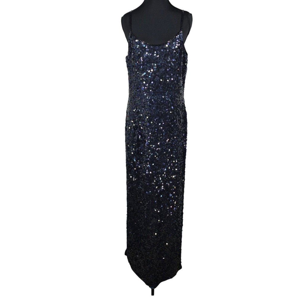VTG Papell Boutique Evening Silk‎ Iridescent Sequin Maxi Gown Black Blue 14 NEW